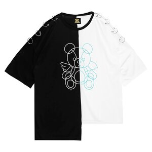 LISTEN FLAVOR Two-Tone Bear Shoulder Ring Asymmetrical Top Black x White