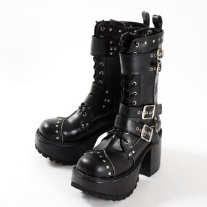 YOSUKE USA Mid-Calf Chunky Buckle Boots Black 24.5