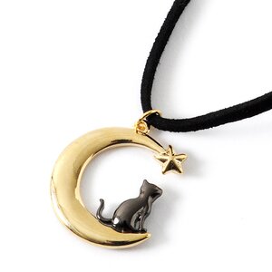 Cat & Crescent Moon Necklace Black Cat