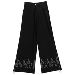 LISTEN FLAVOR Black Fire Embroidered Zip Slit Wide Pants M