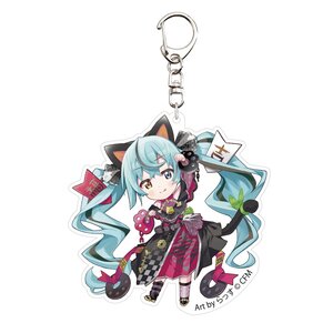 Hatsune Miku x Lucky Cat Acrylic Keychain Art by Rassu Black Cat Standing with Raised Left Hand