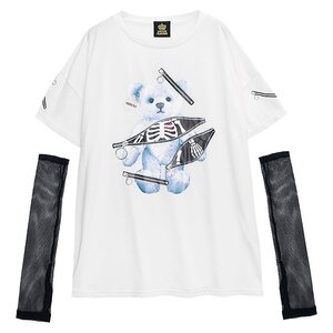 LISTEN FLAVOR Zipper Bear Mesh Top w/ Arm Covers White
