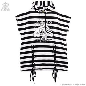 LISTEN FLAVOR Eye of Lies Hooded Lace-Up Short Sleeve Cutsew Striped
