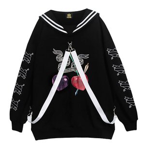 LISTEN FLAVOR Heart Cherry Sailor Dress w/ Strap Black