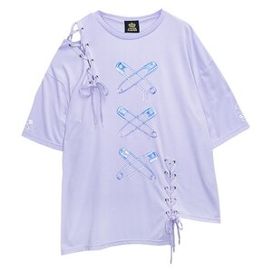 LISTEN FLAVOR Cross Safety Pin Lace-Up Asymmetrical Top Light Purple