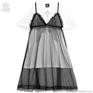LISTEN FLAVOR Fallen Angel Top w/ See-Through Camisole Dress White x Black