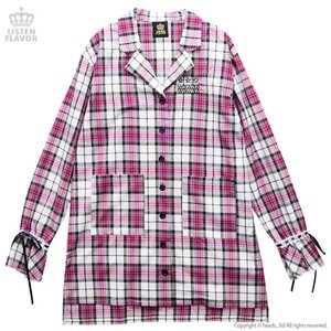 LISTEN FLAVOR Ribbon Sleeve Checkered Shirt Dress Whtie