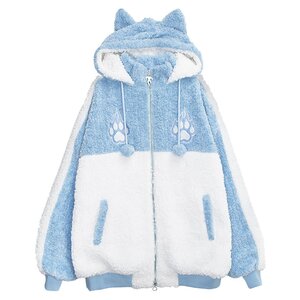 LISTEN FLAVOR Cat Ear Fire Boa Blouson Light Blue x White