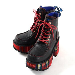 YOSUKE USA Chunky Platform Boots Black & Red Check 24.5