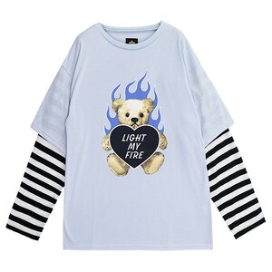 LISTEN FLAVOR Fire Heart Bear Layered-Style Long Sleeve T-Shirt Light Blue
