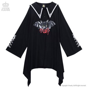 LISTEN FLAVOR Roses & Black Cat Sailor Collar Dress Black x Red