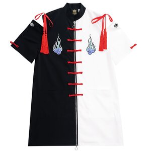 LISTEN FLAVOR Hinotama Embroidered Open Shoulder China Zip Shirt Two-Tone