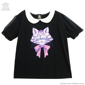 LISTEN FLAVOR Ribbon Cat Chiffon Sleeve Cutsew Black