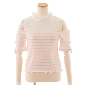 LIZ LISA Open Shoulder Lace Striped Top Pink