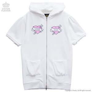 LISTEN FLAVOR Love Heart Half-Sleeve Cat Ear Zip-Up Hoodie White