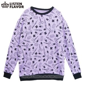 LISTEN FLAVOR Medicine Pattern Oversized Crewneck Sweatshirt Lavender
