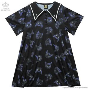 LISTEN FLAVOR Black Cat Sailor Dress Black