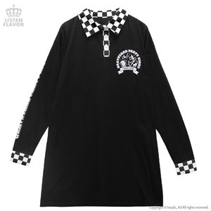 LISTEN FLAVOR Graveyard Party Night Long Sleeve Collared Top Black x Checkered