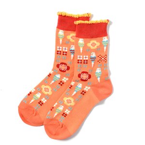 KOTORITACHI Short Crew Budgerigar & Flower Socks Red