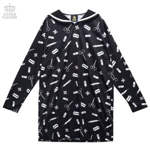 LISTEN FLAVOR YamiKawa Medical Pattern Sailor Collar Dress Black x White