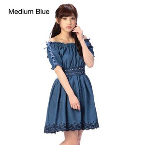 LIZ LISA Denim Off-the-Shoulder Dress w/ Official LIZ LISA Shop Bag Medium Blue