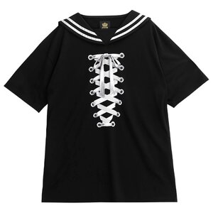 LISTEN FLAVOR Lace-Up Ribbon Sailor Dress Black