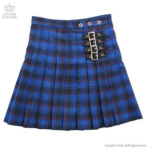 LISTEN FLAVOR Pleated Plaid Skirt w/ Side Belts Blue L