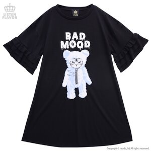 LISTEN FLAVOR Bad Mood Cat Frill Sleeve Dress Black