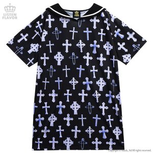LISTEN FLAVOR Cross Whole Pattern Sailor Collar Dress Black/White