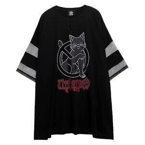 LISTEN FLAVOR Dangerous Black Cat Sheer Switching Top Black x Black