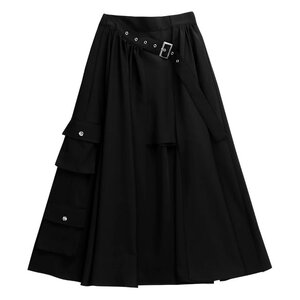 LISTEN FLAVOR Layered-Style Cargo Long Skirt Black