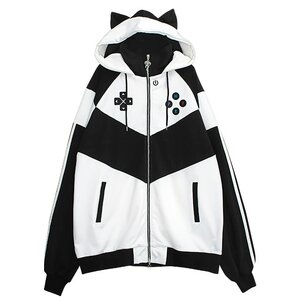 LISTEN FLAVOR Gaming Cat Ear Jersey Hoodie White x Black