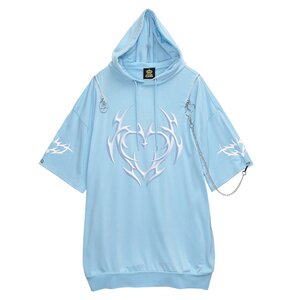 LISTEN FLAVOR Metal Heart Shoulder Zip Chain Short Sleeve Hoodie Light Blue [Pre-order]
