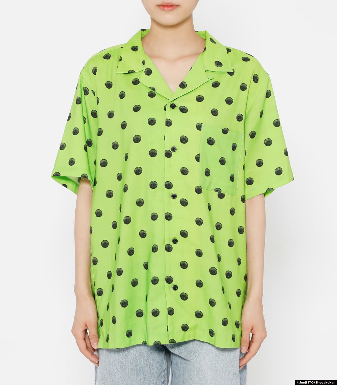 Junji Ito R4G Uzumaki Dots Green Open Collar Shirt