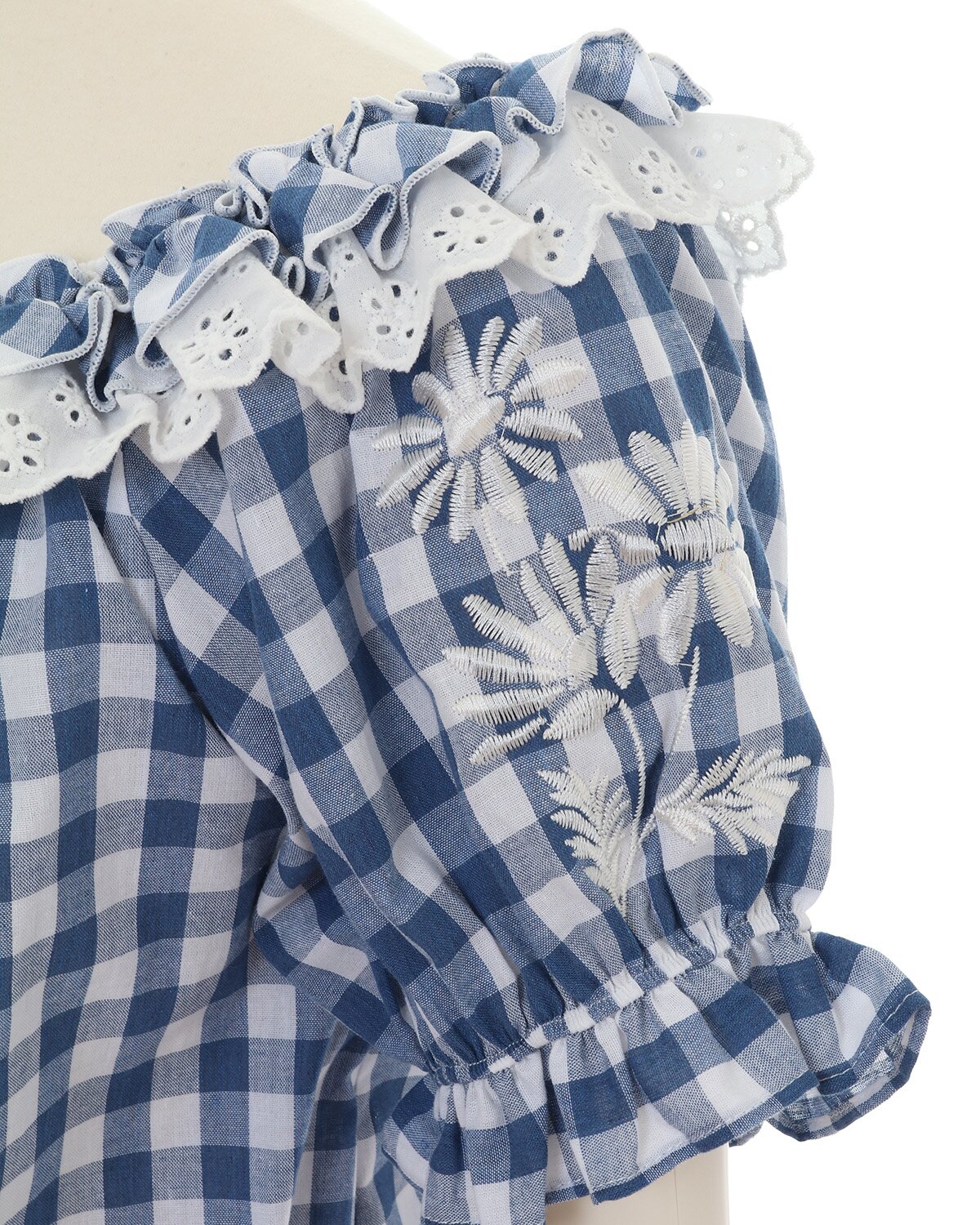 LIZ LISA Gingham Check Embroidered Off-Shoulder Blouse
