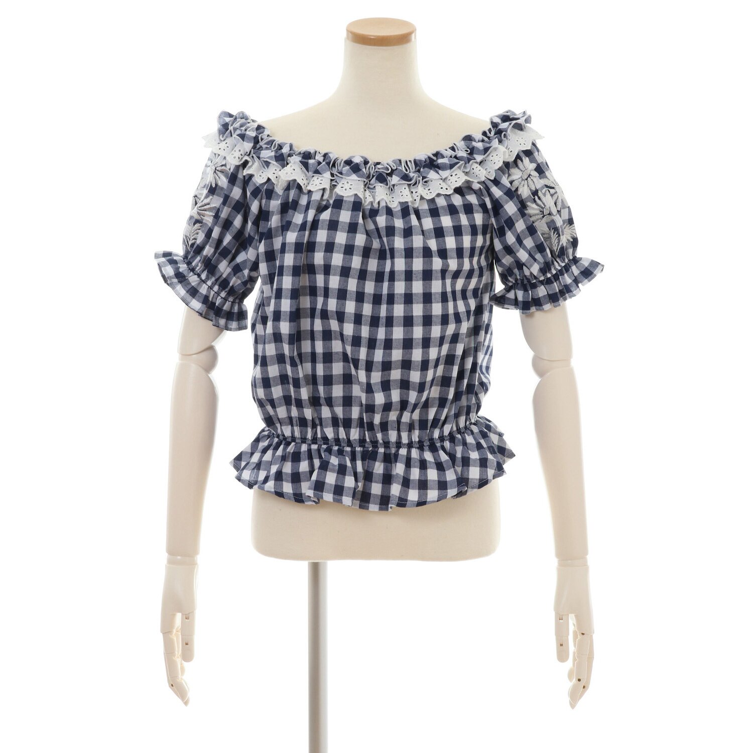 LIZ LISA Gingham Check Embroidered Off-Shoulder Blouse