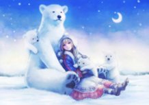 A Polar Bear Family and a Crescent Moon Night