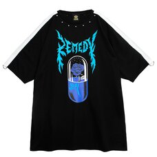 LISTEN FLAVOR Blue Rose Capsule Sleeve Line Tops Black