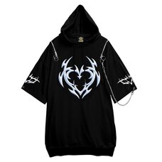 LISTEN FLAVOR Metal Heart Shoulder Zip Chain Short Sleeve Hoodie
