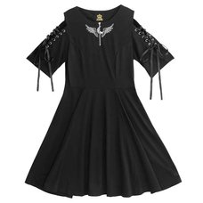 LISTEN FLAVOR Angel's Wing Open Shoulder Lace-Up Black Dress