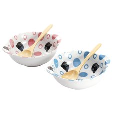 Polka Dots & Cats Mino Ware Bowl & Spoon Set