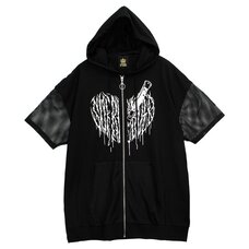 LISTEN FLAVOR Cutting Through Heart Switching Mesh Zip Hoodie Black