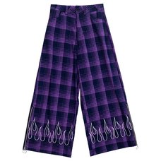 LISTEN FLAVOR Purple Plaid Fire Embroidered Zip Slit Wide Pants