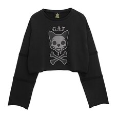 LISTEN FLAVOR Skull Cat Pigment Pullover Vintage Black