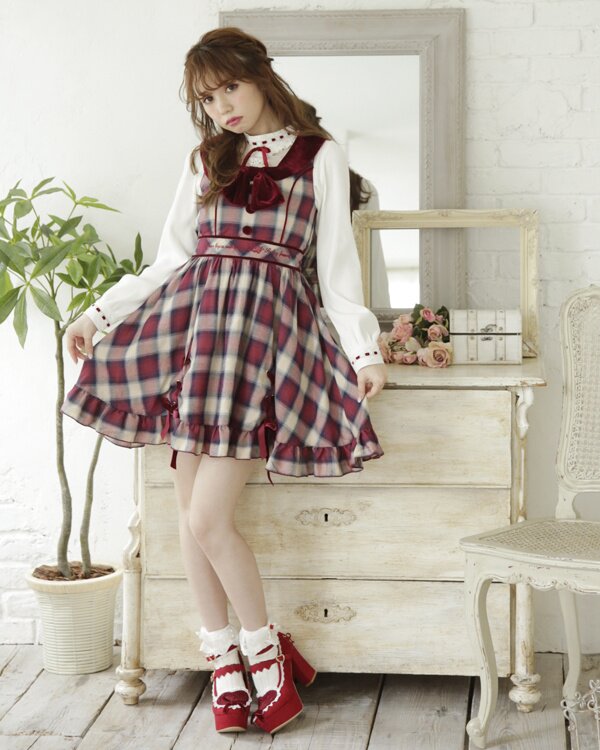 LIZ LIZA 薔薇 マント レース　チェック 未使用 LIZ LISA Rose Ribbon Checkered Jumper Skirt: LIZ LISA