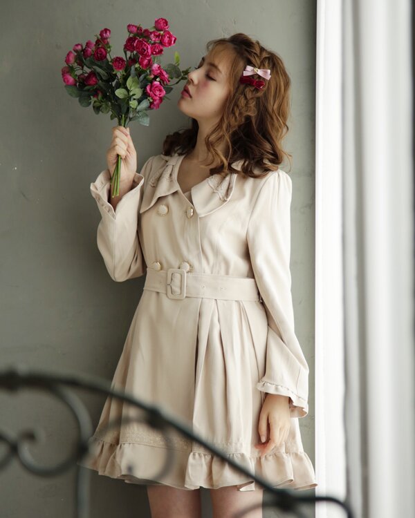 🌹LIZ LISA🌹Sailor Trench Coat Dress Ribbon Beige Milk Tea Romantic Japan  H223