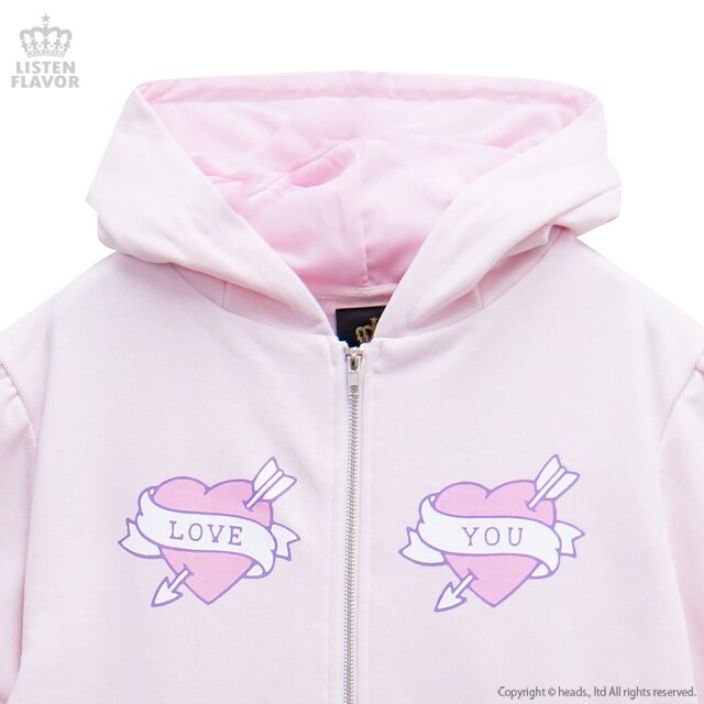 LISTEN FLAVOR Love Heart Half-Sleeve Cat Ear Zip-Up Hoodie