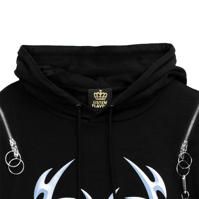 LISTEN FLAVOR Metal Heart Shoulder Zip Chain Short Sleeve Hoodie