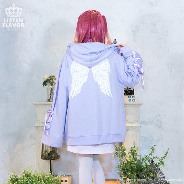 LISTEN FLAVOR Heart Cross Lace-Up Ribbon Hoodie