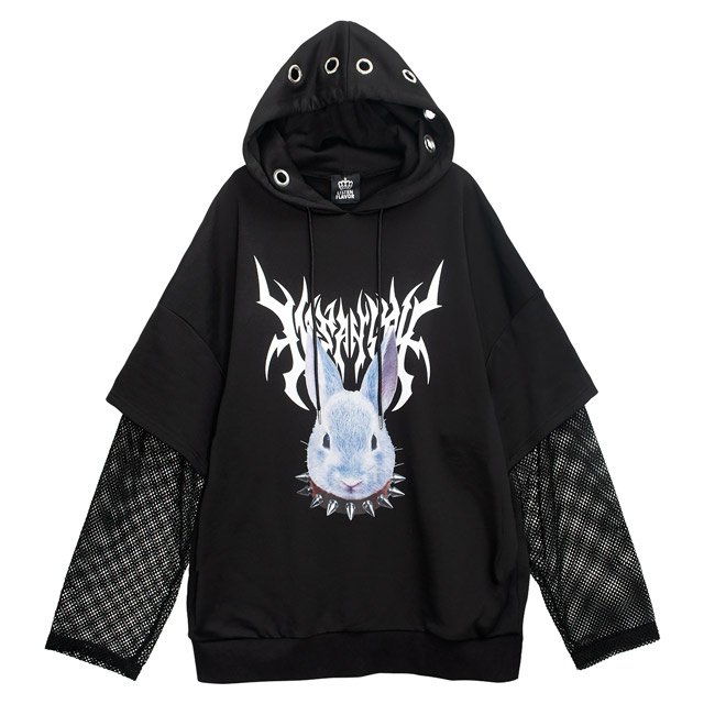 LISTEN FLAVOR Mad Rabbit Fake Layered Sleeve Mesh Hoodie: Listen